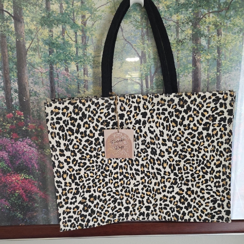Leopard Print Reuseable Tote Bag with Black Handles, NWT